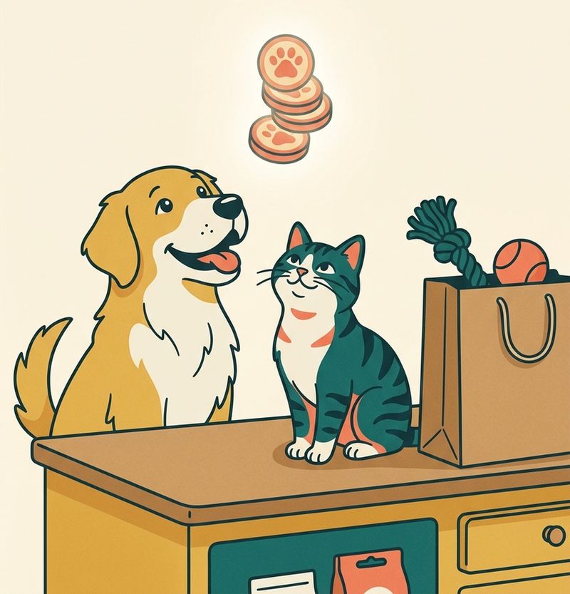 Illustration: a golden retriever and a tabby cat on a shop counter, looking up at a stack of paw-print tokens
